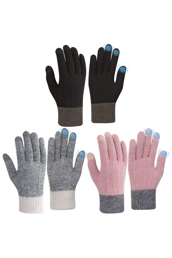 3 Pairs Women Gloves, Winter Touch Screen Gloves, Warm Fleece Lined Knit Gloves, Elastic Cuff Winter Texting Gloves, Knitted Gloves for Running Driving Cycling Climbing