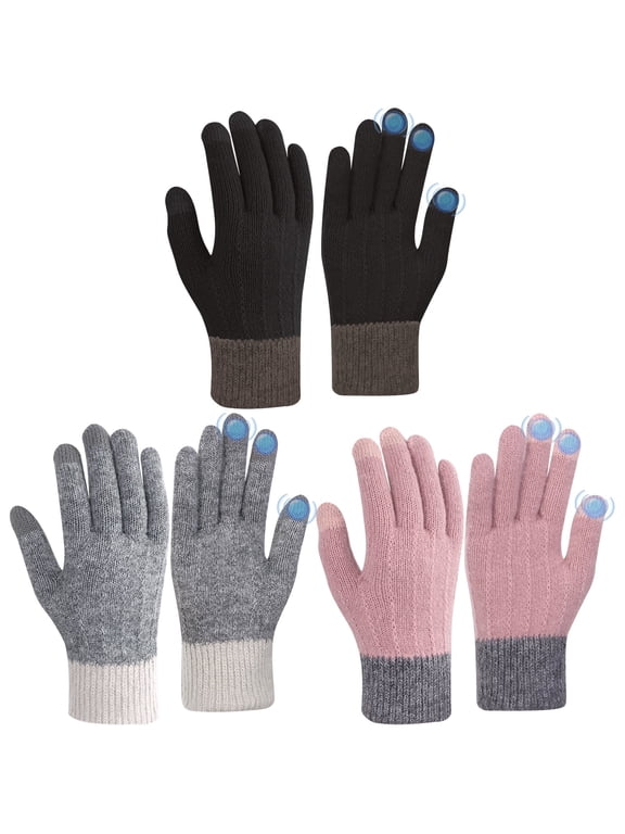 3 Pairs Women Gloves, Winter Touch Screen Gloves, Warm Fleece Lined Knit Gloves, Elastic Cuff Winter Texting Gloves, Knitted Gloves for Running Driving Cycling Climbing