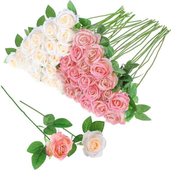 Armscye 36 Pcs Pink Champagne Rose Artificial Flowers Bulk with Long Stem,Realistic Silk Fake Roses Plastic Roses Bouquet Artificial Flowers for Bridal Wedding Arrangement Table Centerpieces Decor