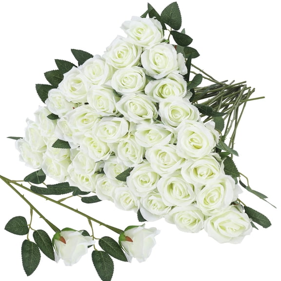 Armscye 36 Pcs Silk White Rose Bouquet Bridal Artificial Flowers,Fake Rose Long Stem Realistic Artificial Flowers Bulk for Wedding Bouquet Ball Arrangement Centerpiece Party Decor
