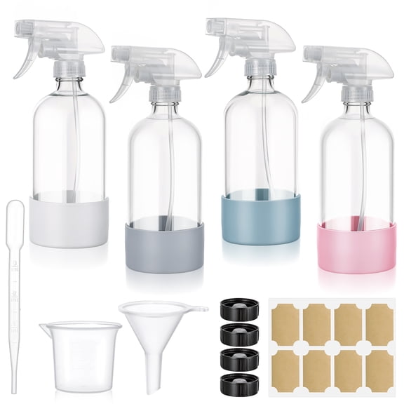 Armscye 4 Pack 16.9 Oz Glass Spray Bottles, Empty Clear Squirt Bottles with Adjustable Nozzle, Refillable Spray Container for Essential Oils, Hair, Cooking, Cleaning Sprayers with Rich Accessories