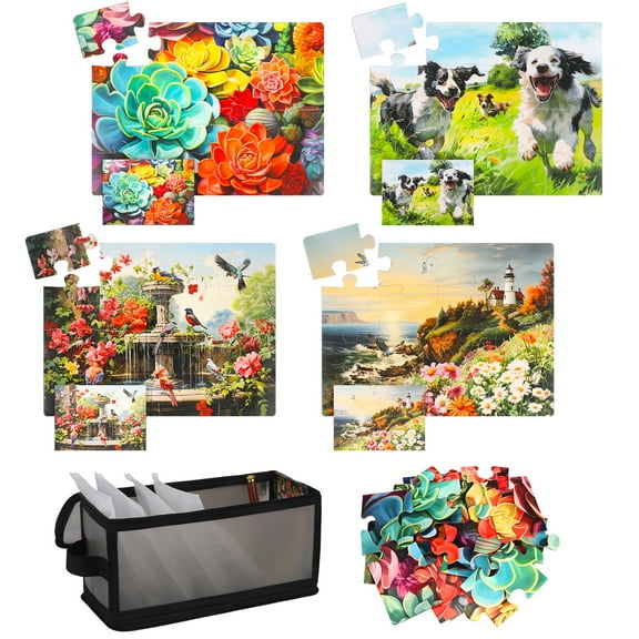 Armscye 4 Pack Large Piece Puzzles for Senior with Organizer and Magnifying Glass, Dementia Puzzles for Elderly, Alzheimer Senior Puzzle (Succulents, Puppies, Fountains, Coastal Scenery, Each 16 Pcs)