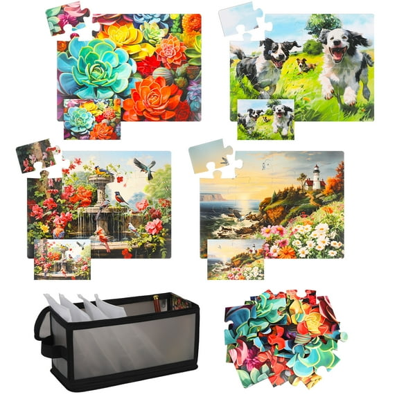 Armscye 4 Pack Large Piece Puzzles for Senior with Organizer and Magnifying Glass, Dementia Puzzles for Elderly, Alzheimer Senior Puzzle (Succulents, Puppies, Fountains, Coastal Scenery, Each 16 Pcs)