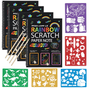 Armscye 4 Pcs Rainbow Scratch Art Paper Set, Magic Scratch Off Notebooks for Kids, Magic Scratch Paper Art with 20 Pcs Larger Drawing Stencils and Styluses for Aged 3-12 Girls Boys Kids(Scratch Art Paper)