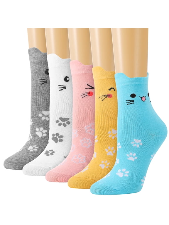 5 Pack Cute Cat Socks for Women, Cat Socks Colorful Cute Funny Crew Socks,Novelty Gifts for Teenage Girls Girlfriend Animal Lovers