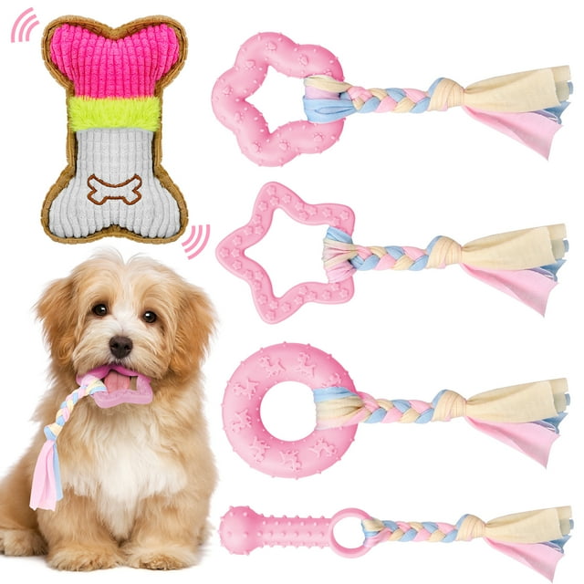 Armscye 5 Pack Puppy Chew Toys for Teething Small Dogs,Pink Rubber