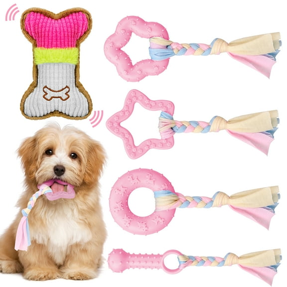 Armscye 5 Pack Puppy Chew Toys for Teething Small Dogs, Pink Rubber Puppy Teething Toys Plush Squeaky Dog Toys for Cleaning Teeth Interactive Pet Doggy Bone Toys