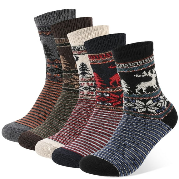 Armscye 5 Pairs Mens Thick Knit Winter Socks, Stripe Wool Winter Socks, Wool Vintage Socks for Indoor Warmth, Comfortable Breathable Cotton Socks for Men Indoor Warming Christmas Gifts