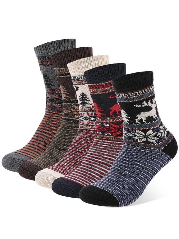 5 Pairs Mens Thick Knit Winter Socks, Stripe Wool Winter Socks, Wool Vintage Socks for Indoor Warmth, Comfortable Breathable Cotton Socks for Men Indoor Warming Christmas Gifts