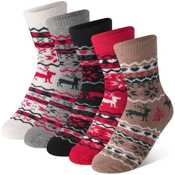 Armscye 5 Pairs Womens Thick Knit Winter Socks, Stripe Wool Winter Socks, Wool Vintage Socks for Indoor Warmth, Comfortable Breathable Cotton Socks for Women Indoor