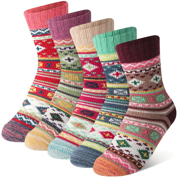 Armscye 5 Pairs  Womens Thick Knit Winter Socks, Stripe Wool Winter Socks, Wool Vintage Socks for Indoor Warmth, Comfortable Breathable Cotton Socks for Women Indoor Warming Christmas Gifts