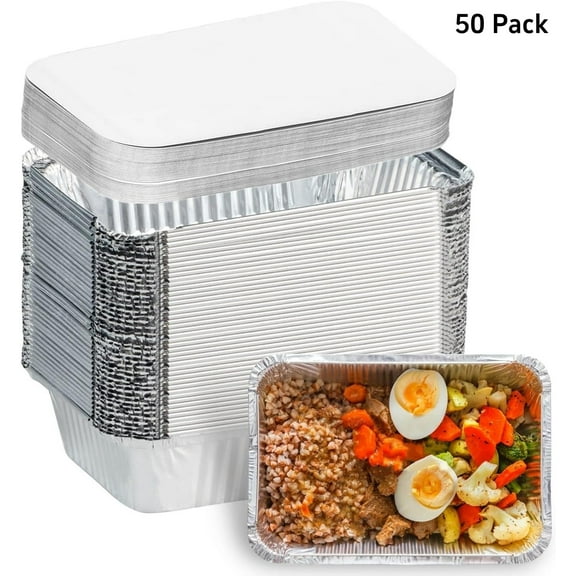 Armscye 50 Pack 2.25Lb Disposable Aluminum Cardboard Pans, Foil Containers with Cardboard Lids, Aluminum Foil Carry Out Containers with Strong Seal Edge
