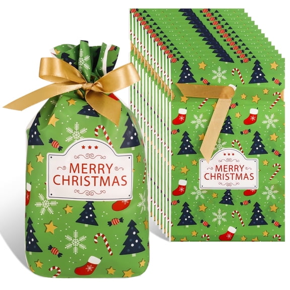 Armscye 50Pcs Christmas Drawstring Candy Bag, 5.91*9.06 inch Gift Treat Cookie Pouch Goody Bags, Xmas Tree Candy Socks Wrapping Bags for Christmas Holiday Home Party Favor Supplies