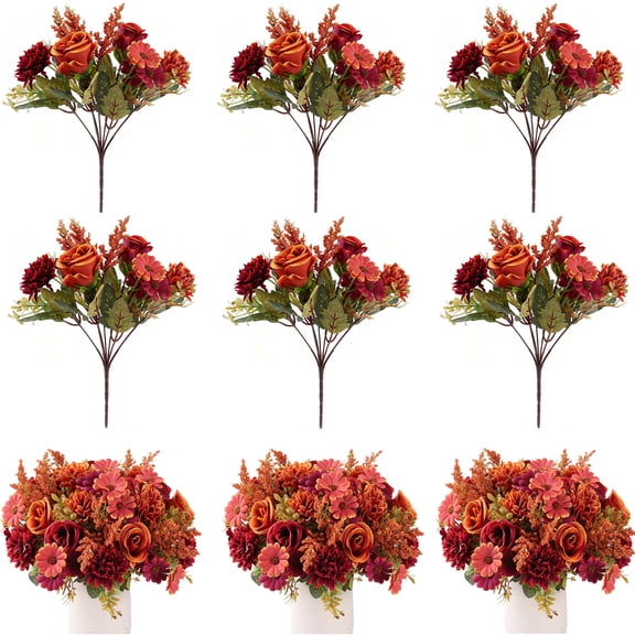 Armscye 6 Bundles Artificial Fall Flowers Bouquet, Silk Chrysanthemums & Fake Rose Autumn Faux Floral Arrangements for Home Decor Indoor Living Room Kitchen Table Centerpieces Decoration