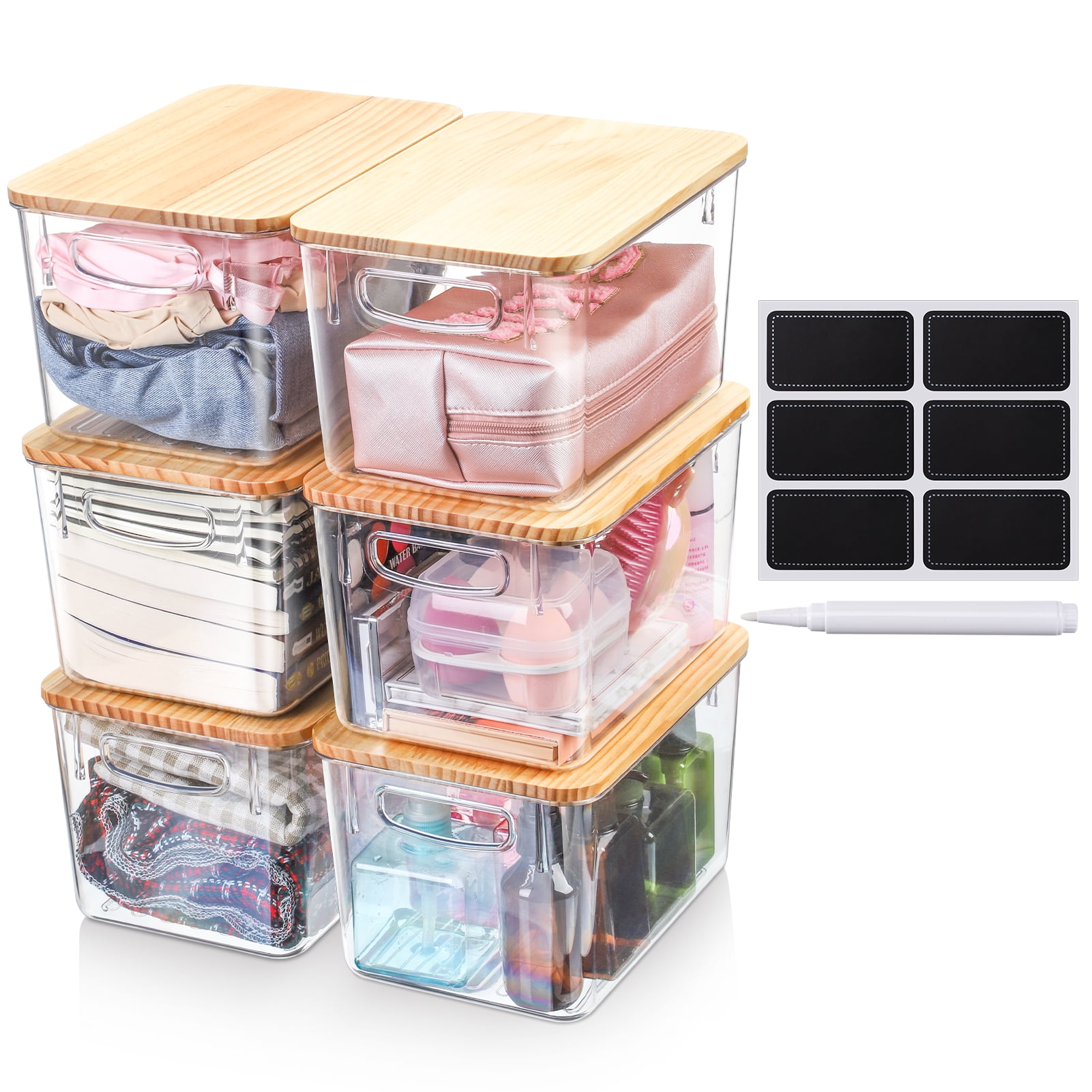 Armscye 6 Pack 6.4 Quart Resin Storage Bins with Wooden Lids, Stackable  Multifunctional Storage Container with Handles, Clear Storage Box with  Labels for Organizing, 9.8x6.8x5.5 Inch 