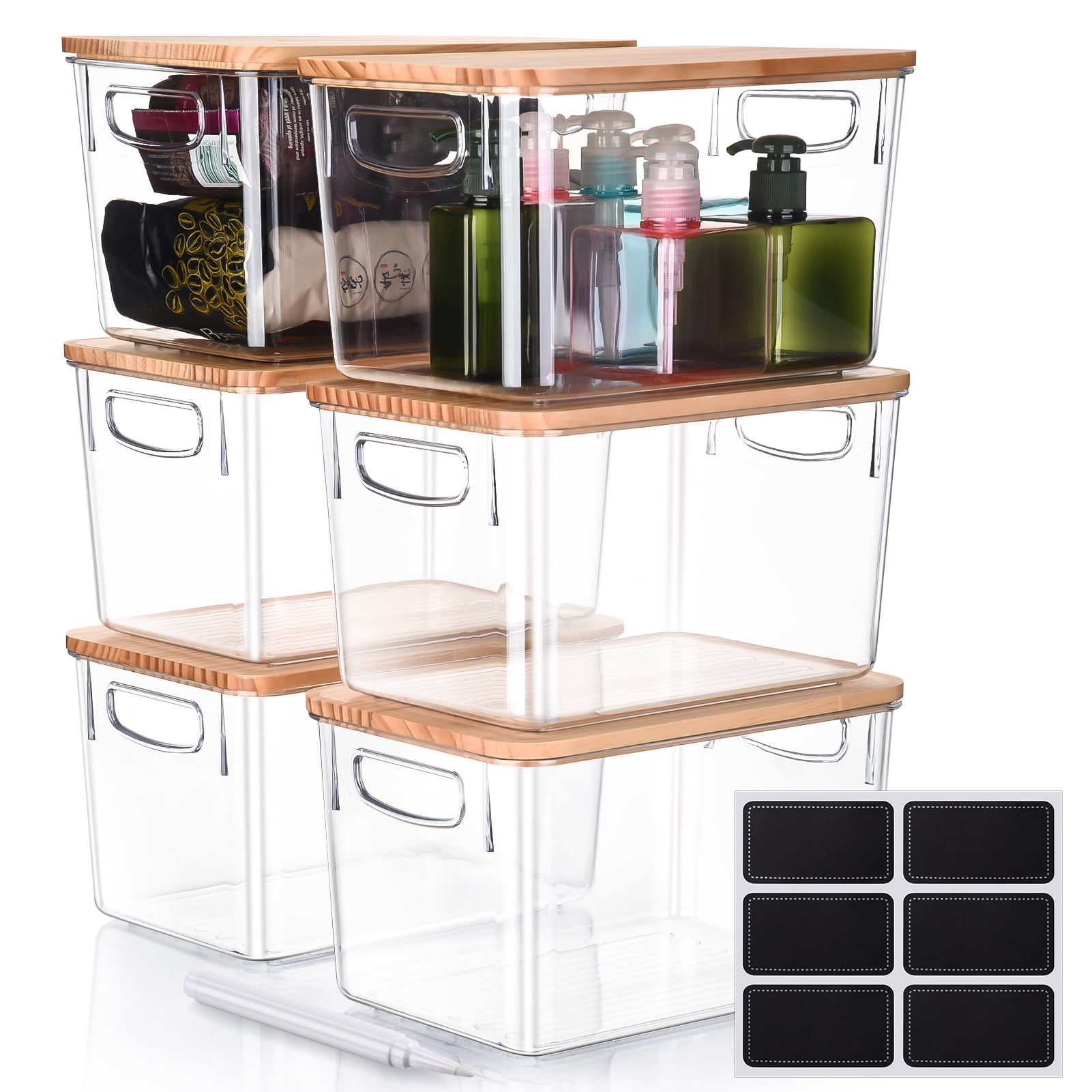 Armscye 6 Pack Clear Stackable Storage Bins with Wooden Lids, Plastic