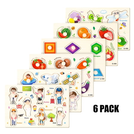 Armscye 6 Pack Wooden Peg Puzzles for Toddlers, 9 x 6 inch Preschool Educational Learning Puzzle Toys for Kids Age 3+ - Vegetables, Fruits, Shapes, Insects, Occupations, Space(Vegetables, etc.)