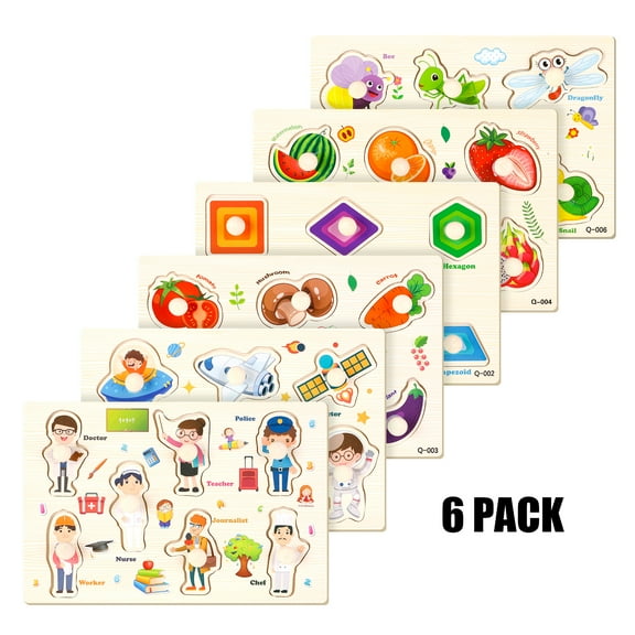 Armscye 6 Pack Wooden Peg Puzzles for Toddlers, 9 x 6 inch Preschool Educational Learning Puzzle Toys for Kids Age 2, 3, 4 - Vegetables, Fruits, Shapes, Insects, Occupations, Space(Vegetables, etc.)