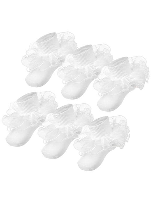6 Pairs Girls Ruffle Socks, White Lace Socks, Frilly Socks White Lace Trim with Double Lace Toddler Baby Girls(S/1-3Years)