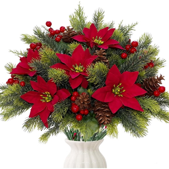Armscye 6 Pcs Christmas Artificial Flowers Bouquet, Christmas Floral Poinsettia, Pine Cones Red Berry Picks Stems Holly Holiday for Xmas Tree Party Decoration DIY Indoor Table Centerpieces