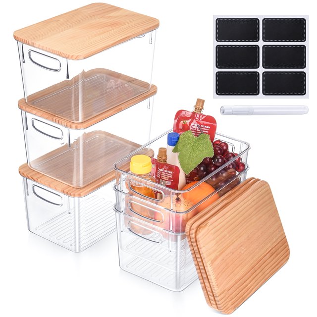 Armscye 6 Pcs Plastic Storage Bins with Wooden Lids, Clear Stackable