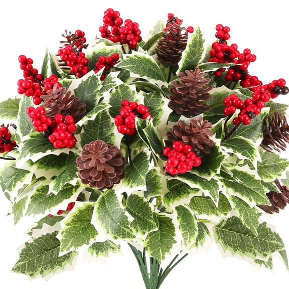 Armscye 8 Pack Artificial Christmas Flowers with Holly Berries, Pine Cones, Green Leaves, Faux Floral Stems for Christmas Vase, Home Garden Party Arrangement, Table Centerpieces Decorations