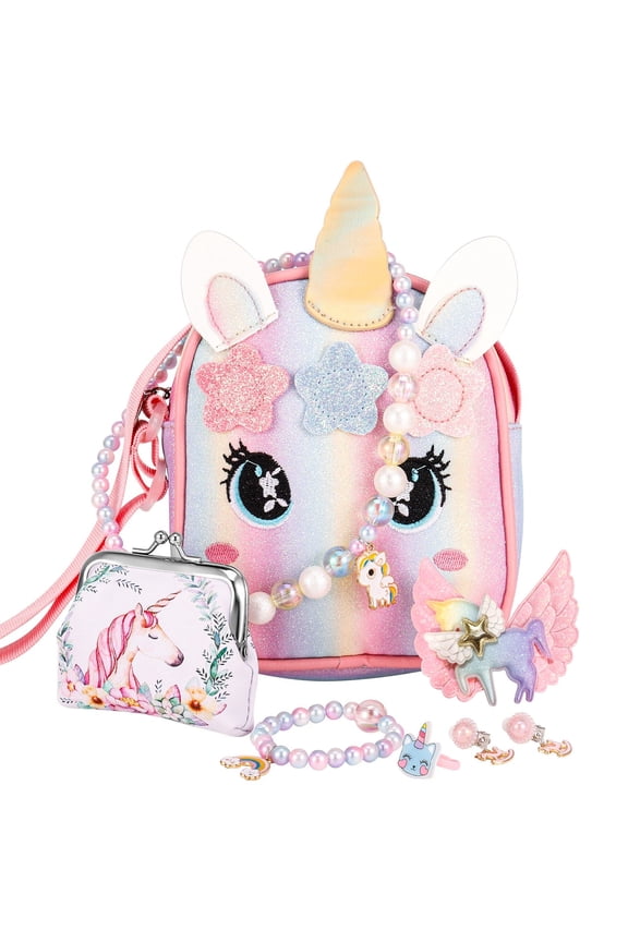 8 Pcs Little Girl Unicorn Purse Set, Cute Unicorn Gifts for Kid with Kawaii Unicorn Dress Up Jewelry Pretend Play Accessories, Adjustable Crossbody Bag and Purse for Girl Aged 3+