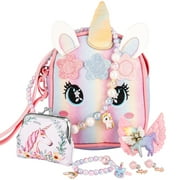 Armscye 8 Pcs Little Girl Unicorn Purse Set, Cute Unicorn Gifts for Kid with Kawaii Unicorn Dress Up Jewelry Pretend Play Accessories, Adjustable Crossbody Bag and Purse for Girl Aged 3+