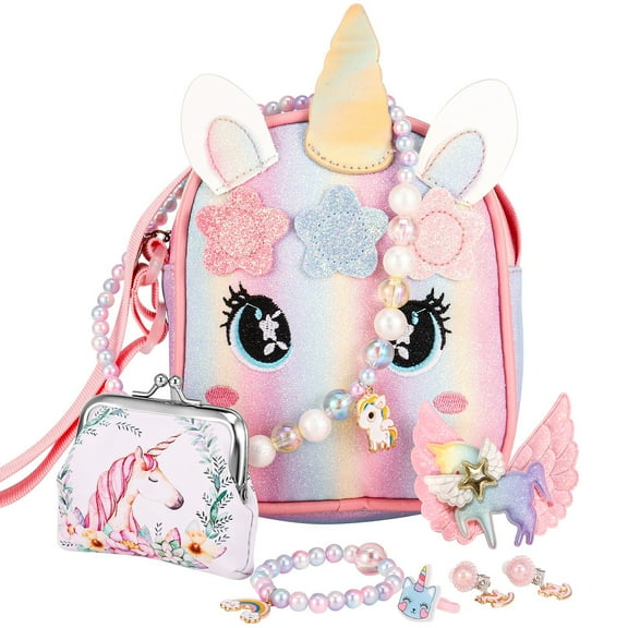 Armscye 8 Pcs Little Girl Unicorn Purse Set, Cute Unicorn Gifts for Kid with Kawaii Unicorn Dress Up Jewelry Pretend Play Accessories, Adjustable Crossbody Bag and Purse for Girl Aged 3+