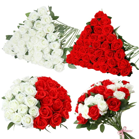 Armscye 80pcs 20.5" Artificial Silk Roses Bulk - Velvet Fake Flowers for Wedding Bouquet, Bridal Centerpiece, Valentine's Day, DIY Home Decor (Red+White)