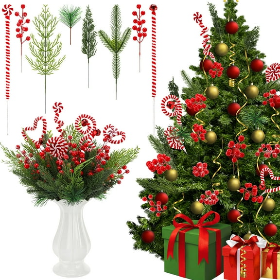 Armscye 82 Pcs Realistic Christmas Picks, Greenery Stems Bundle Artificial Pine Branches 4.8"-13.8", Frosted Berries & Bells Branches for Tree Filler, Wreath, Centerpiece