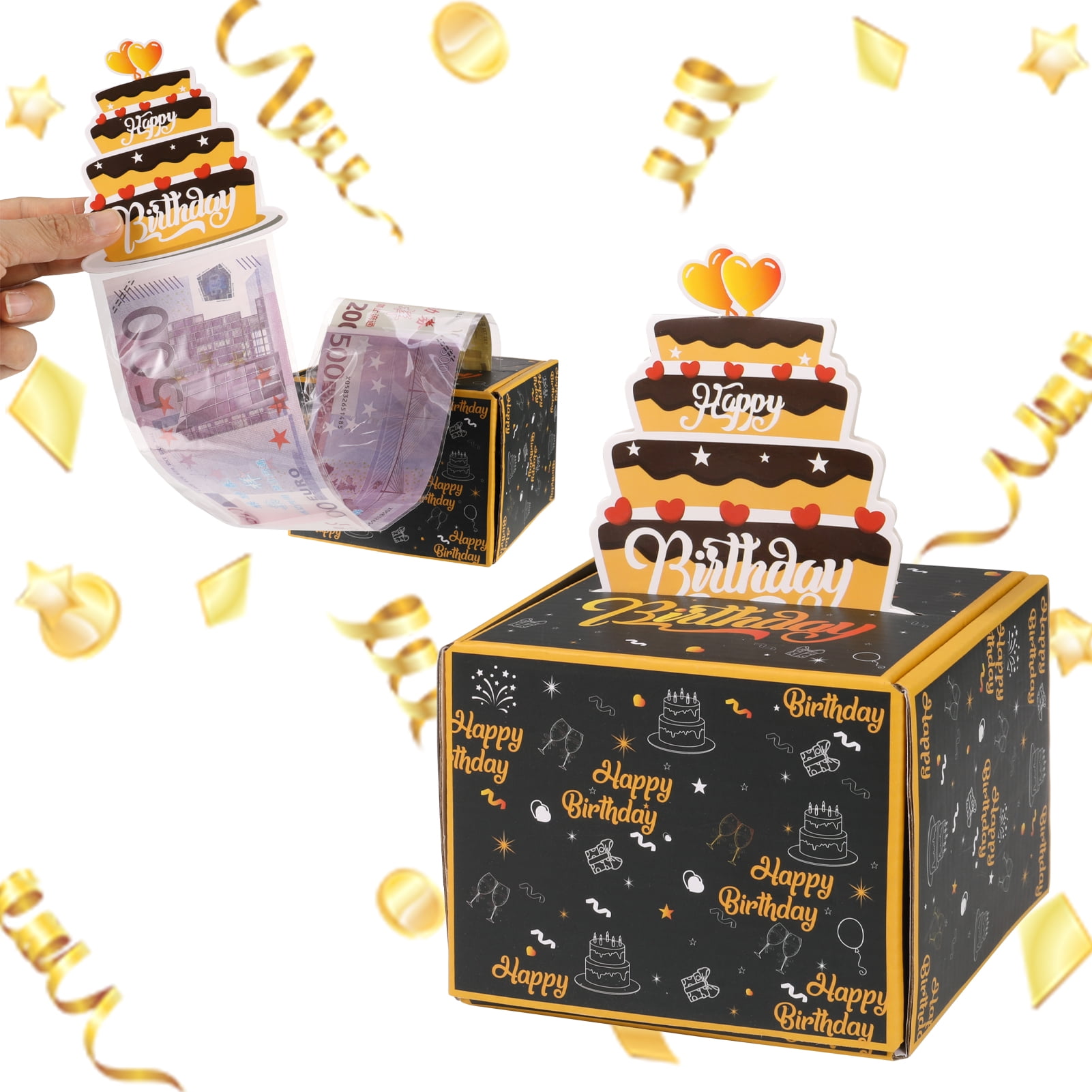 Armscye Birthday Money Box for Cash Gift Pull, DIY Birthday Money Box, Black and Gold Money Roll