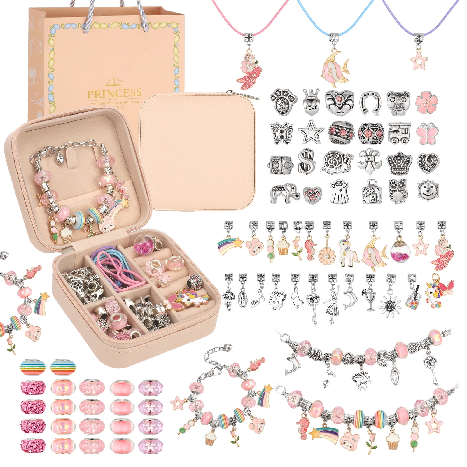 Armscye Charm Bracelet Making Kit for Girls 3-12, Kids Jewelry Making Kit 76Pcs Jewelry Kits for Girls Ages 8-12 Jewelry Maker Craft Necklace Birthday Christmas Gifts with Jewelry Organizer Box