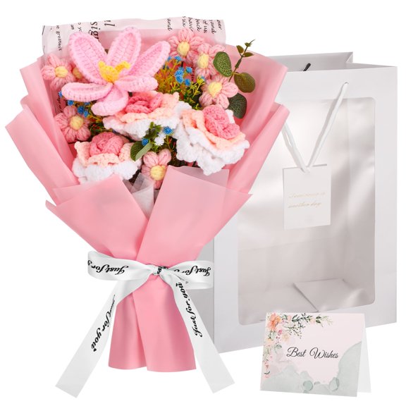 Armscye Mother's Day Gift Pink Crochet Flowers Bouquet, Handmade Knitted Rose Sunflower Daisy with Card & Gift Bag, Fake Flower Bouquet for Home Wedding Decor & Birthdays