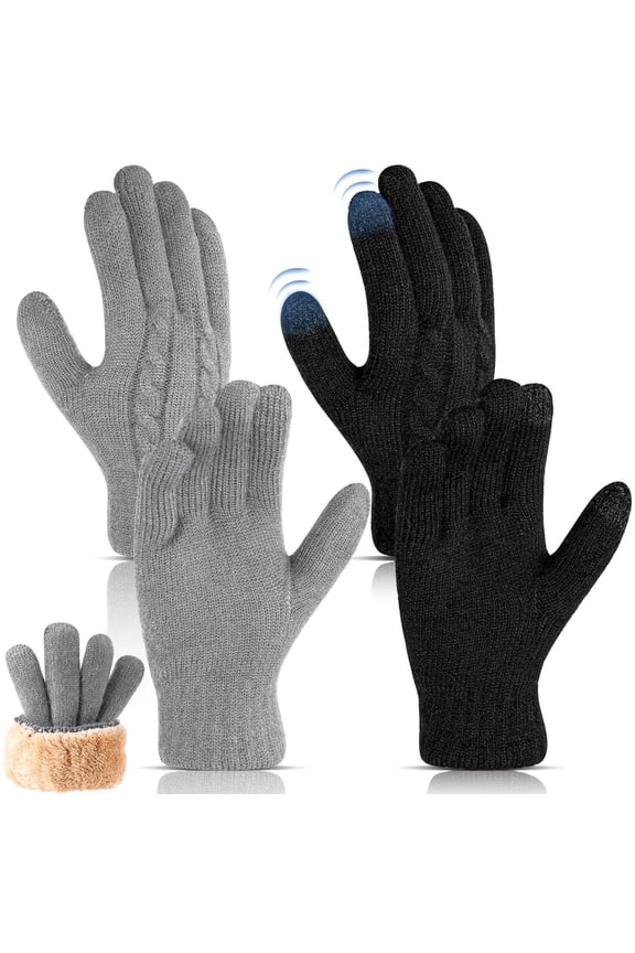 2 Pairs Winter Gloves for Men Women, Touch Screen Texting Warm Gloves with Thermal Soft Knit Lining, Warm Knit Glove for Running Driving Hiking, Black/Light Grey, One Size