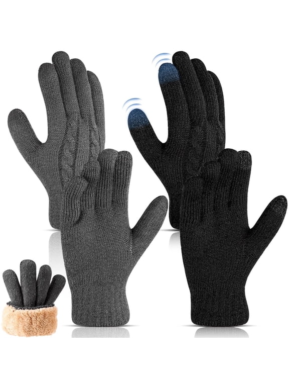 2 Pairs Winter Gloves for Men Women, Touch Screen Texting Warm Gloves with Thermal Soft Knit Lining, Warm Knit Glove for Running Driving Hiking, Black/Grey, One Size