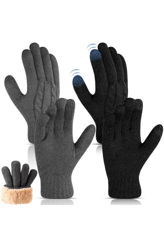 2 Pairs Winter Gloves for Men Women, Touch Screen Texting Warm Gloves with Thermal Soft Knit Lining, Warm Knit Glove for Running Driving Hiking, Black/Grey, One Size