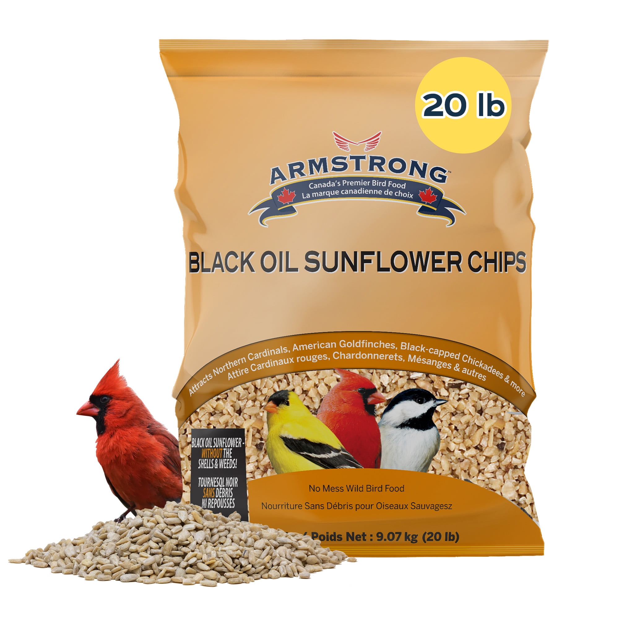 Armstrong Wild Bird Food Black Oil Sunflower Chips, 20 Pounds - for Northern Cardinals, American Goldfinches and Black-Capped Chickadees - Ideal for Outside Feeders