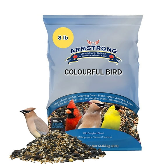 Armstrong Wild Bird Food Colourful Bird Blend, 8 Pounds - with Black Oil Sunflower, Peanuts, Safflower, Nyjer, White Millet, Sunflower Chips, Raisins, Red Millet and Juniper Berries