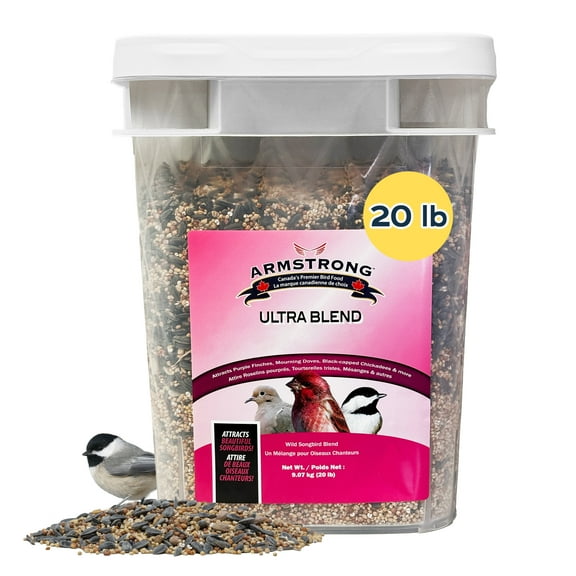 Armstrong Wild Bird Food Ultra Blend, 20 Pound Pail - with White Millet, Red Milo, Wheat, Black Oil Sunflower, Red Millet & Peanuts for Purple Finches, Black-Capped Chickadees and More