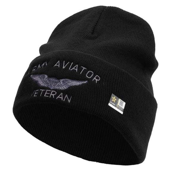 Army Aviator Veteran Embroidered 12 Inch Long Knitted Beanie - Black OSFM
