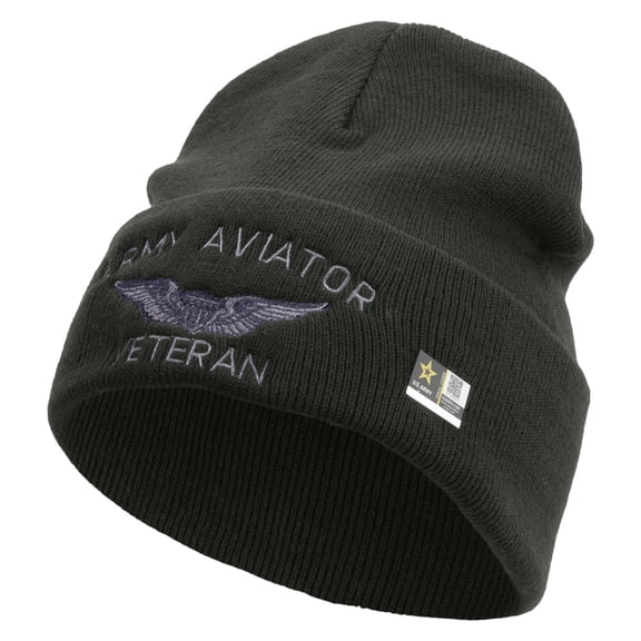 Army Aviator Veteran Embroidered 12 Inch Long Knitted Beanie - DK Grey OSFM