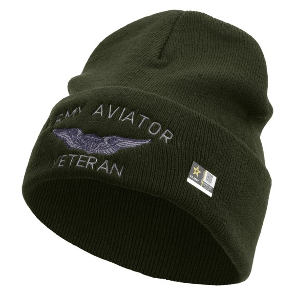 Army Aviator Veteran Embroidered 12 Inch Long Knitted Beanie - Olive OSFM