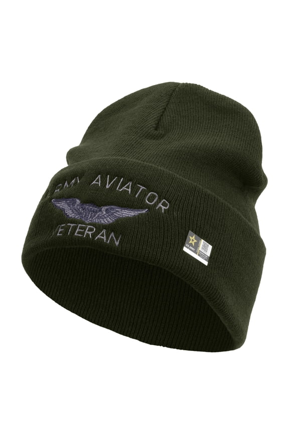 Army Aviator Veteran Embroidered 12 Inch Long Knitted Beanie - Olive OSFM
