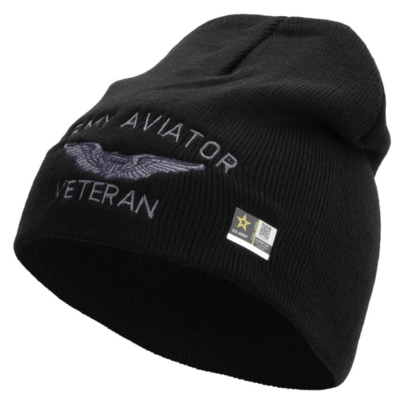 Army Aviator Veteran Embroidered 8 Inch Knitted Short Beanie - Black OSFM