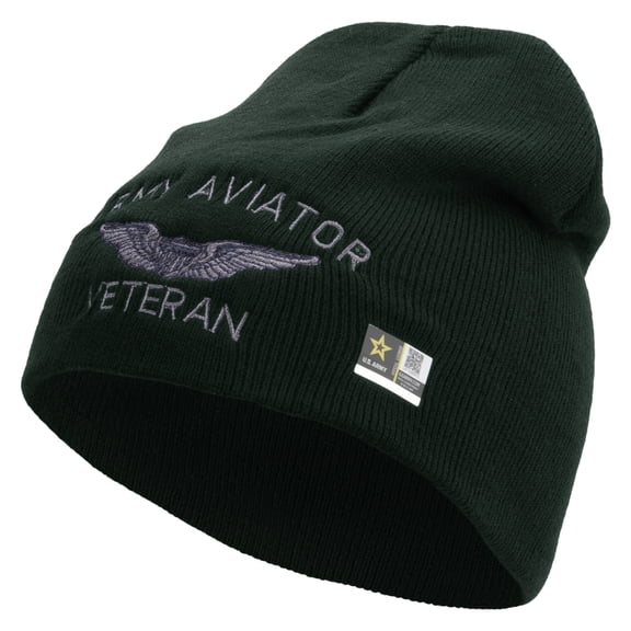 Army Aviator Veteran Embroidered 8 Inch Knitted Short Beanie - DK Green OSFM