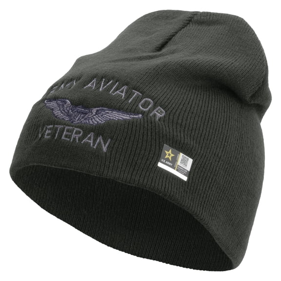 Army Aviator Veteran Embroidered 8 Inch Knitted Short Beanie - DK Grey OSFM