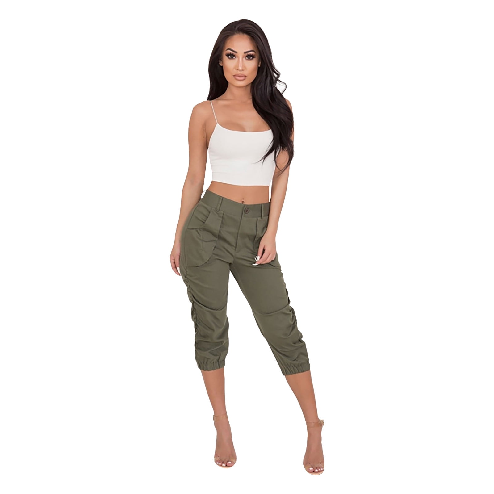Army Cargo Pants for Women Cropped Harem Pants Solid Cargo Pants with
