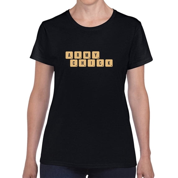 Army Chick Word Play Graphic Women Black T-Shirt, Female Large
