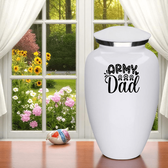 Army Dad Cremation Urn for Human Ashes  Large White Metal Funeral Urn for Adults, Military Memorial Keepsake Urn 10" x 6.5" with Velvet Bag, Holds Up to 200 Cu In